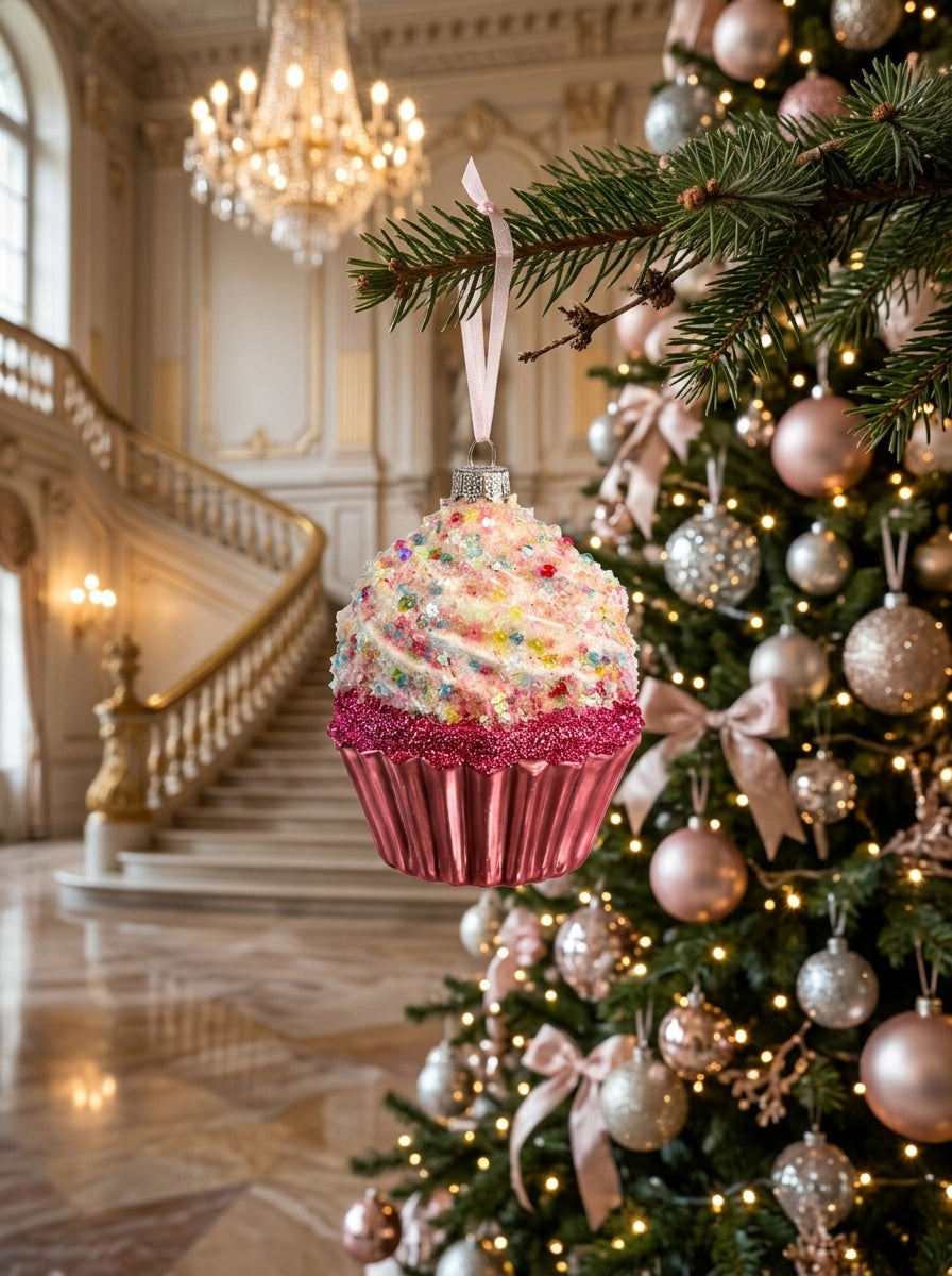 Sugar Bliss – Pembe Işıltılı Cupcake Yılbaşı Ağacı Süsü - 10 CM