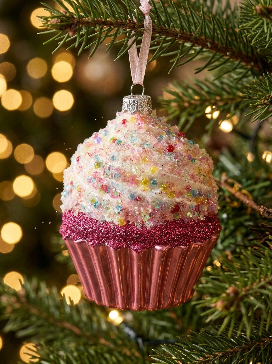 Sugar Bliss – Pembe Işıltılı Cupcake Yılbaşı Ağacı Süsü - 10 CM