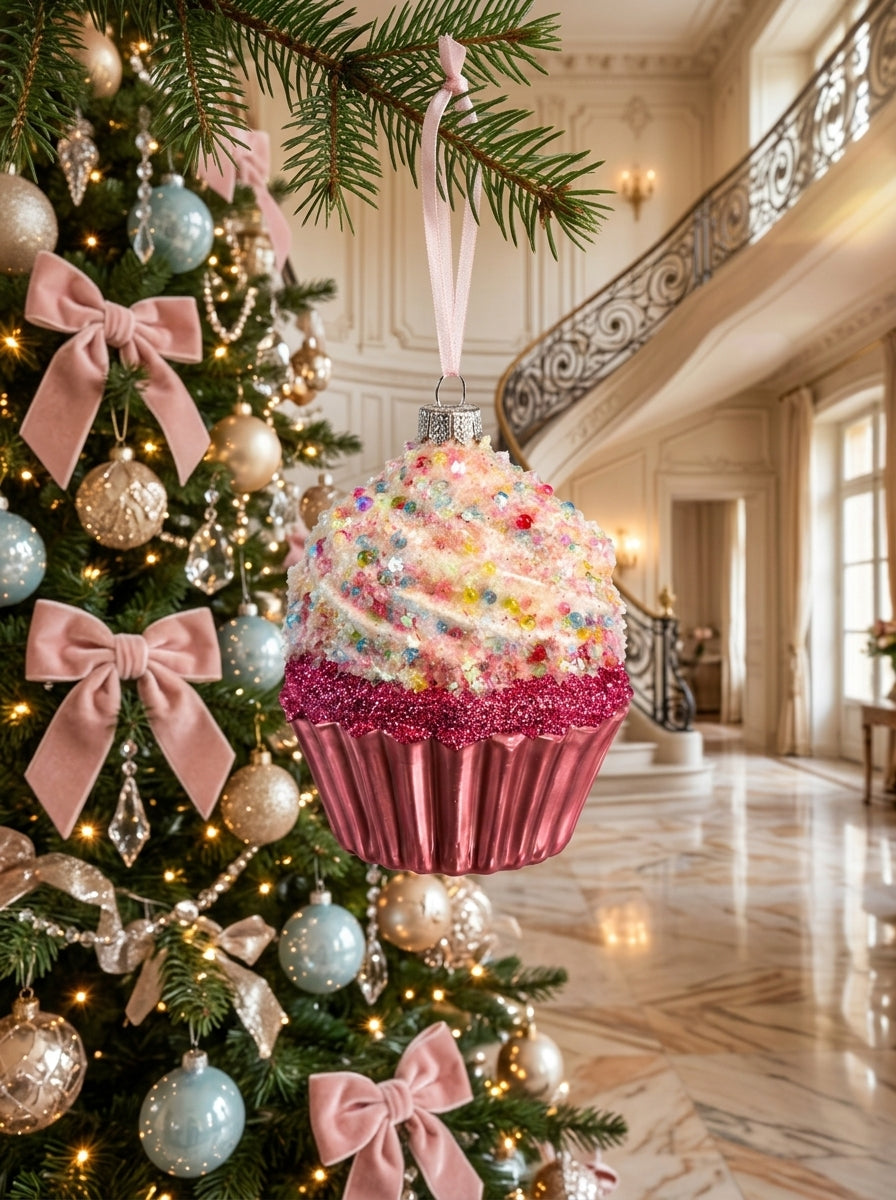 Sugar Bliss – Pembe Işıltılı Cupcake Yılbaşı Ağacı Süsü - 10 CM