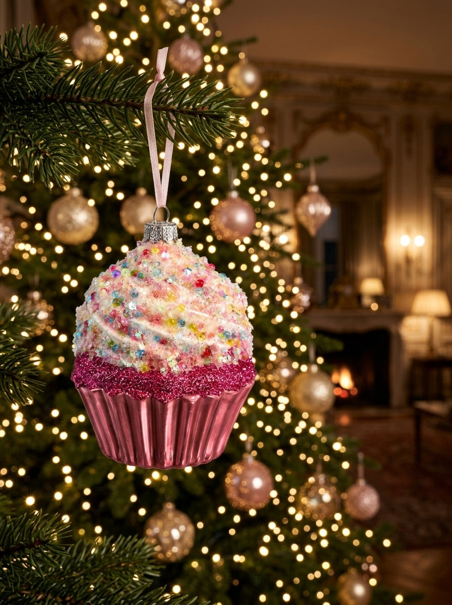 Sugar Bliss – Pembe Işıltılı Cupcake Yılbaşı Ağacı Süsü - 10 CM