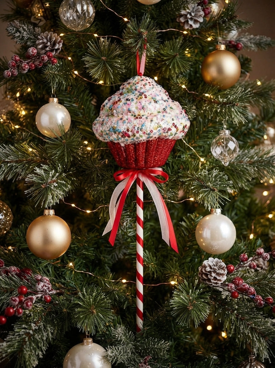 Candyland Cupcake Kırmızı-Beyaz Yılbaşı Ağaç Süsü