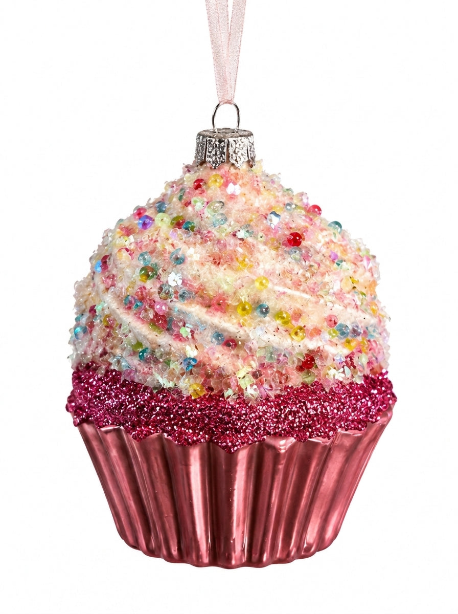 Sugar Bliss – Pembe Işıltılı Cupcake Yılbaşı Ağacı Süsü - 10 CM