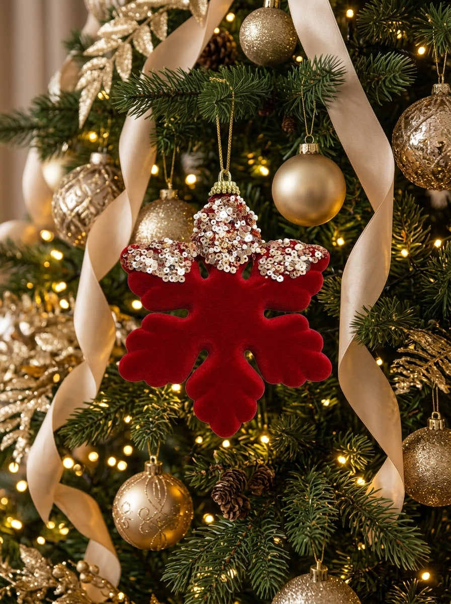 Ruby Snowflake Bordo Kadife Payetli Yılbaşı Kar Tanesi Ağaç Süsü - 12 CM