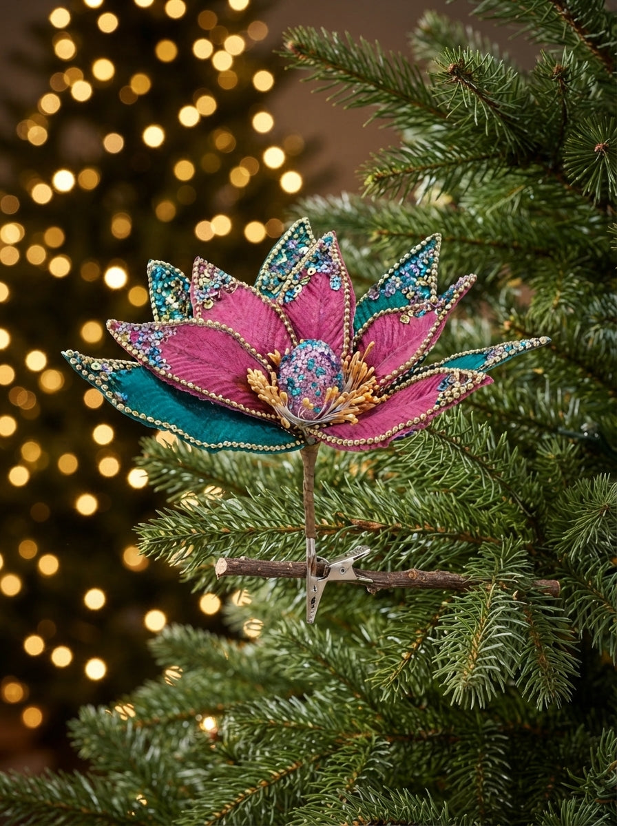 Emerald Pink Poinsettia Klipsli Dekoratif Yılbaşı Çiçeği