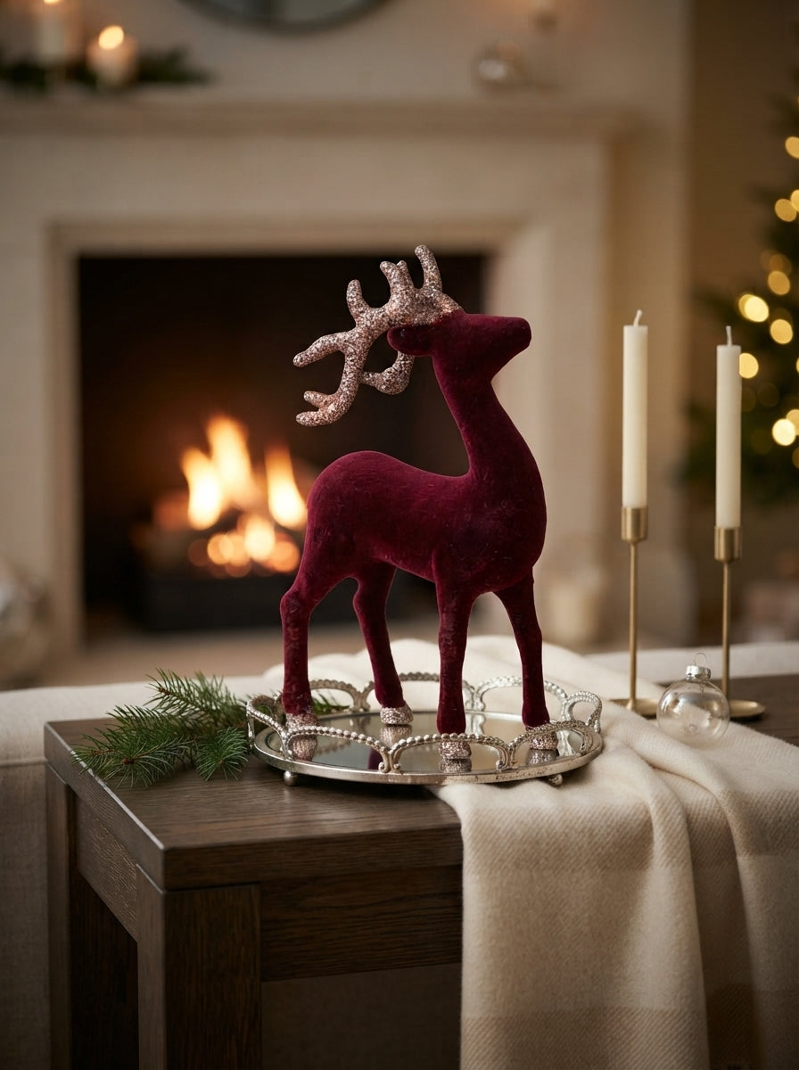 Burgundy Velvet Reindeer Dekoratif Yılbaşı Geyiği