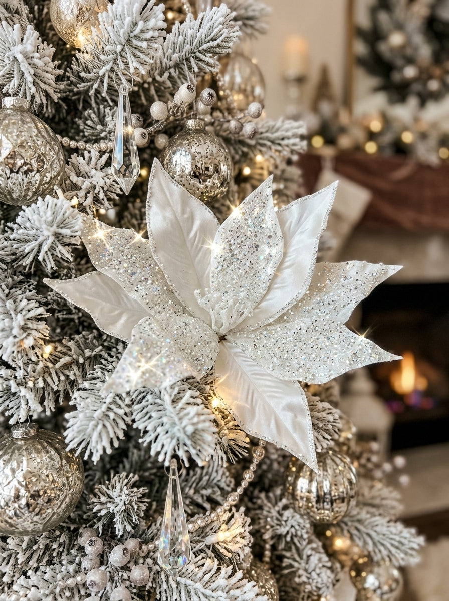 White Frost Poinsettia Klipsli Yılbaşı Ağacı Süsü