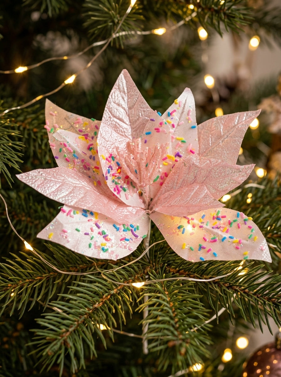 Pink Candy Poinsettia Glitter Yılbaşı Ağacı Süsü