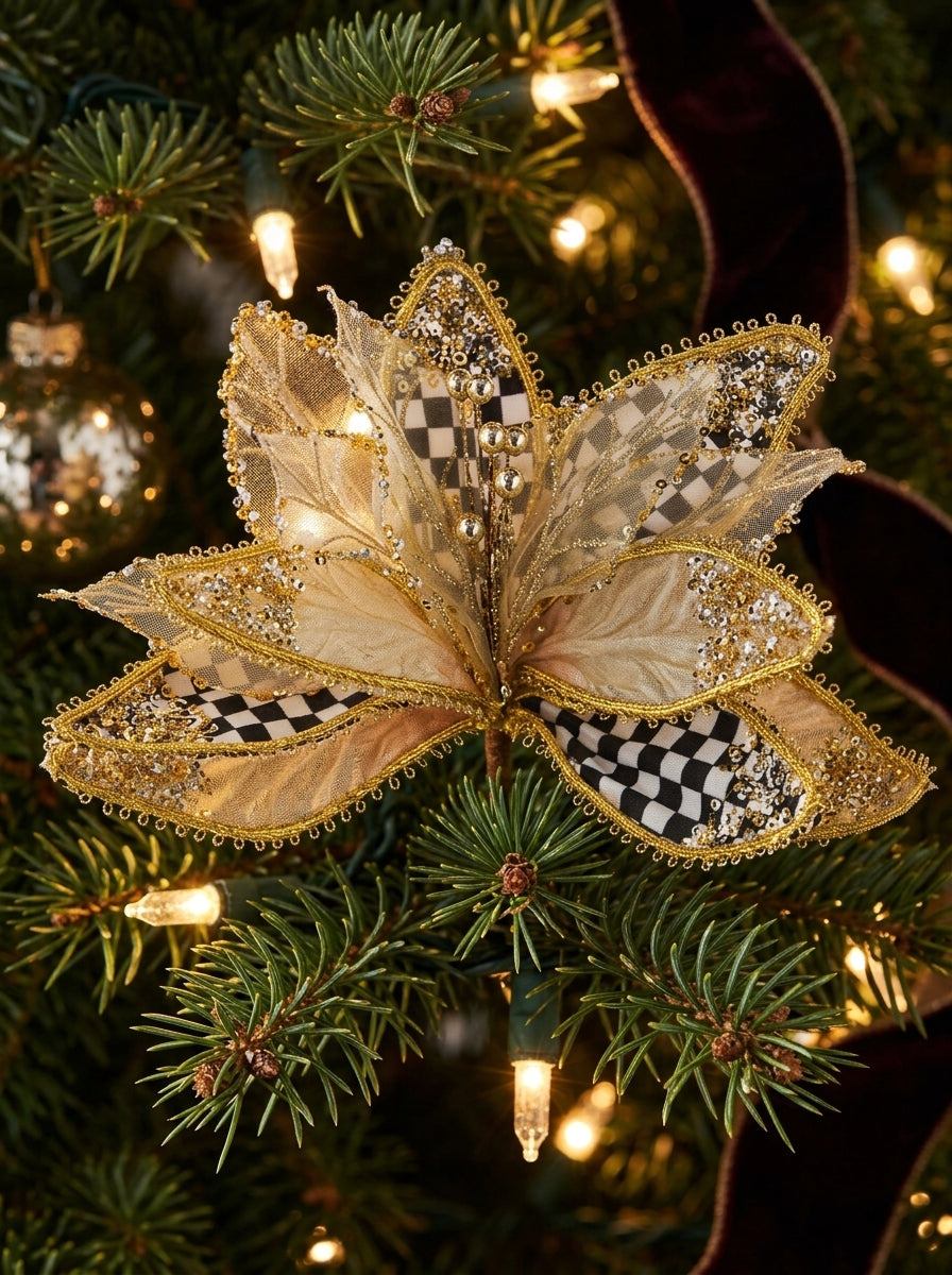 Golden Tartan Poinsettia Klipsli Yılbaşı Ağacı Süsü