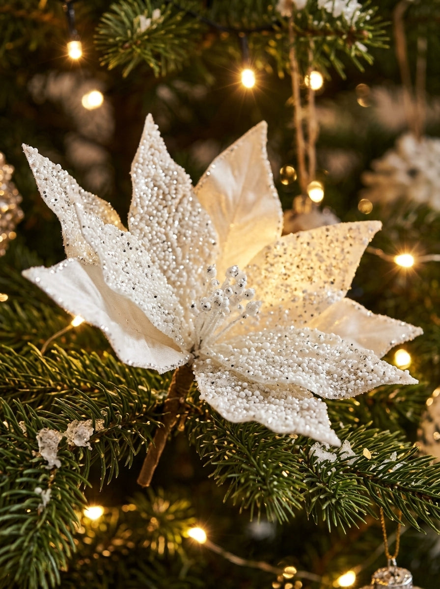 White Frost Poinsettia Klipsli Yılbaşı Ağacı Süsü
