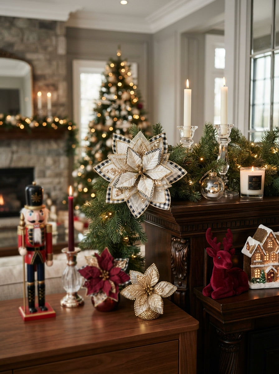 Golden Tartan Poinsettia Klipsli Yılbaşı Ağacı Süsü