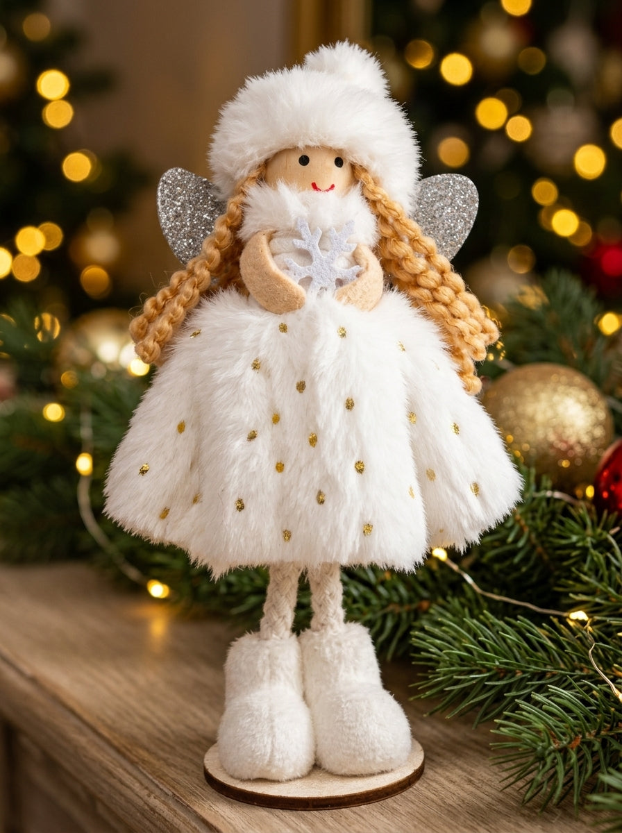Snow Angel Fairy – Beyaz Kürklü Dekoratif Yılbaşı Perisi - 16 CM