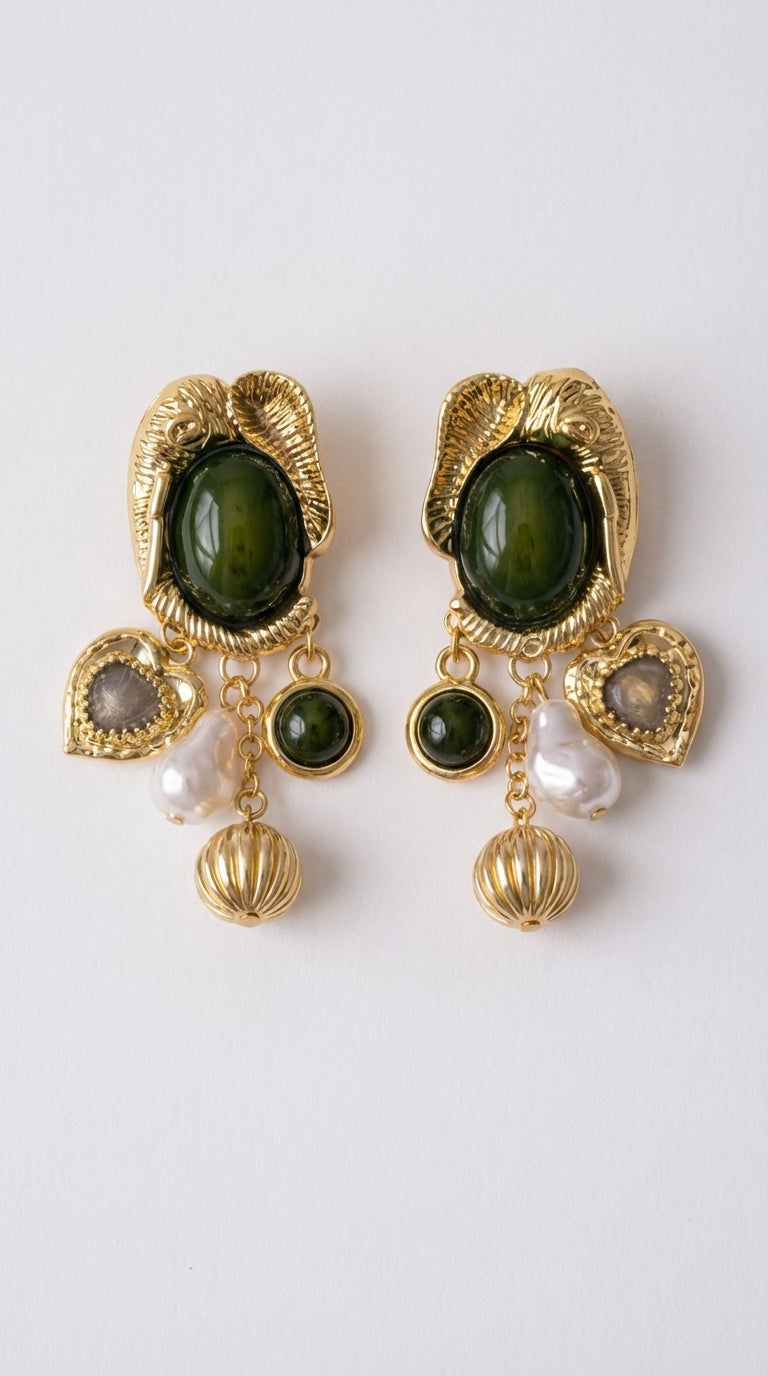 Emarald İnci Kalp Damla Küpe