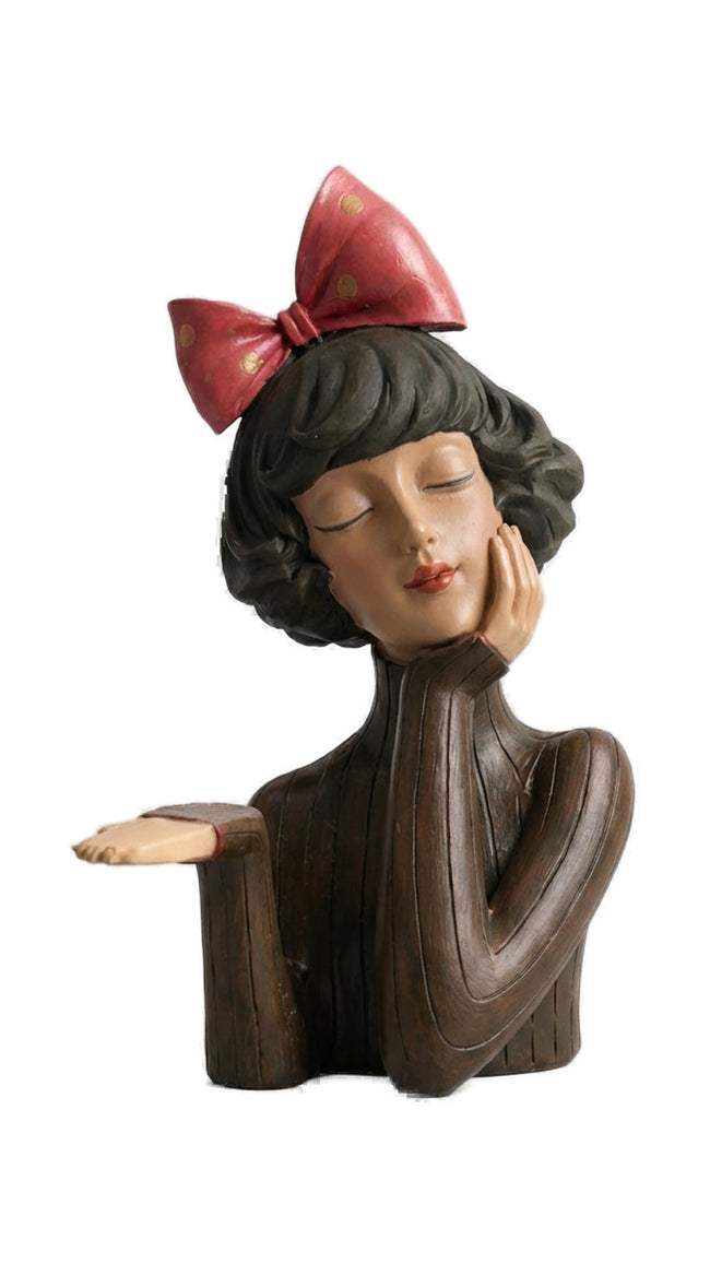 Handmade Ceramic Bowl with Girl Figurine – Midnight Red Bow