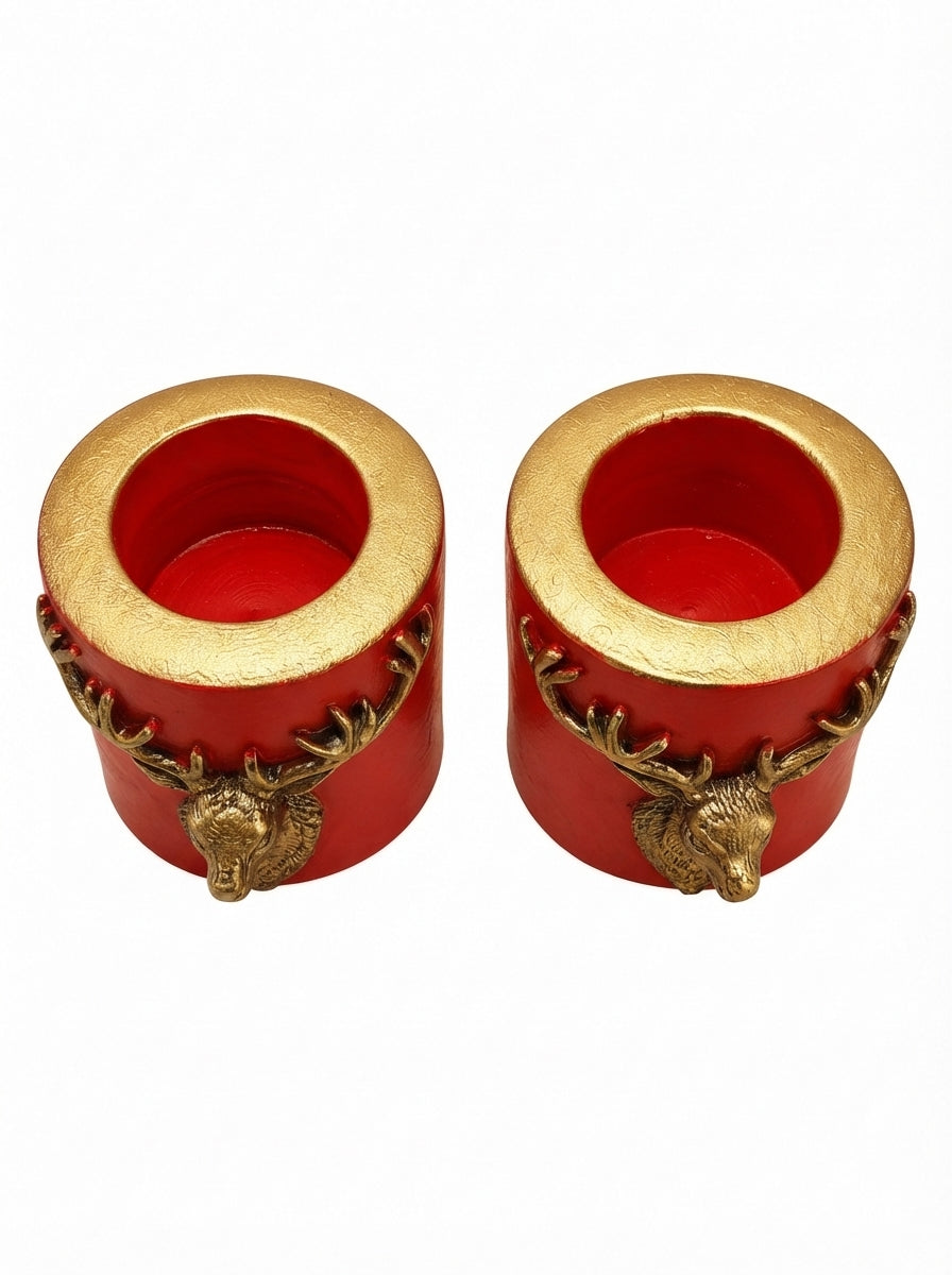 Gold Geyik Detaylı Kırmızı Tealight Mumluk 2’li Set