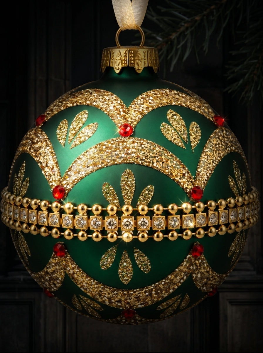 Emerald Royale Zümrüt Yeşili Altın İşlemeli Cam Yılbaşı Ağaç Süsü – 10 CM