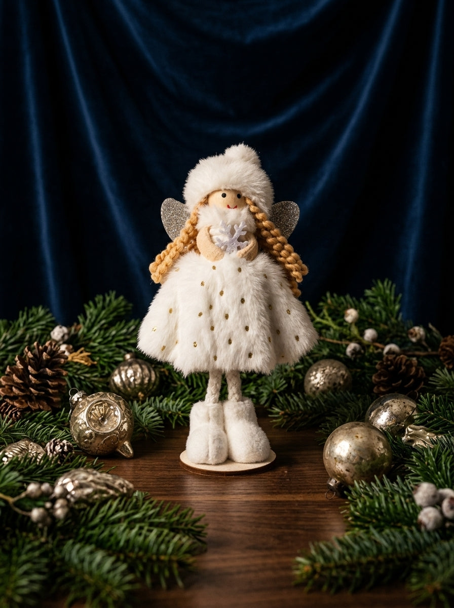 Snow Angel Fairy – Beyaz Kürklü Dekoratif Yılbaşı Perisi - 16 CM