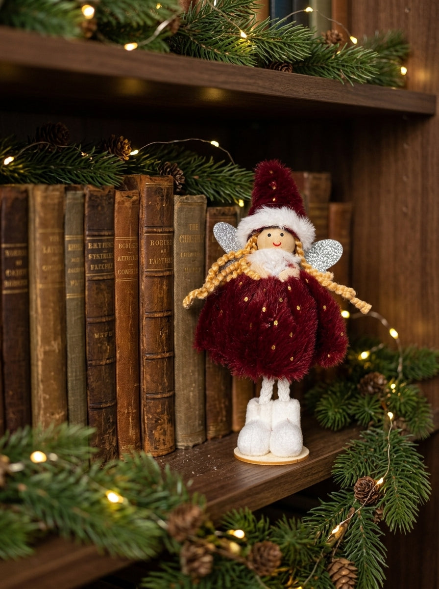 Burgundy Christmas Fairy – Bordo Kürklü Dekoratif Yılbaşı Perisi - 16 CM