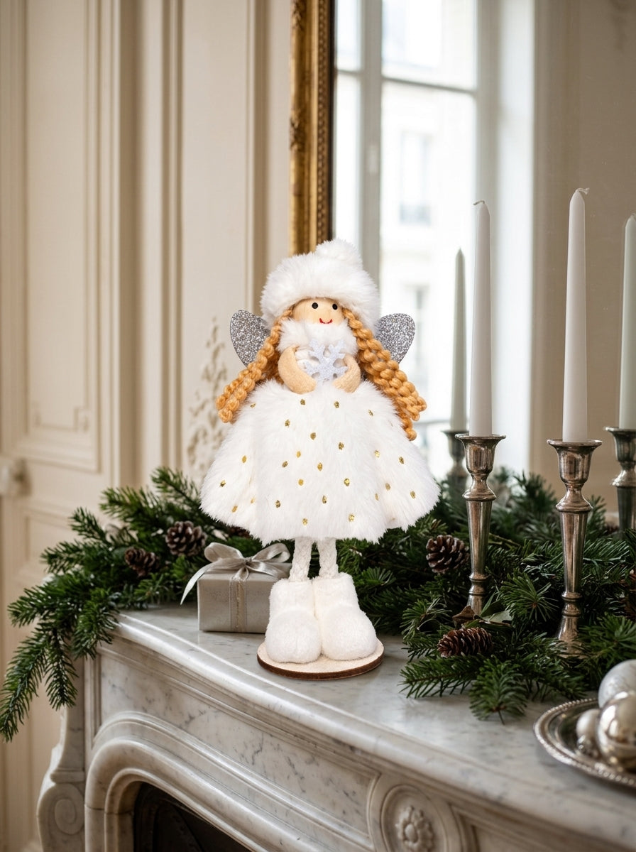 Snow Angel Fairy – Beyaz Kürklü Dekoratif Yılbaşı Perisi - 16 CM