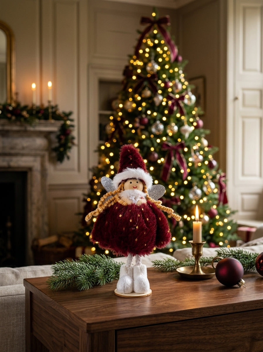 Burgundy Christmas Fairy – Bordo Kürklü Dekoratif Yılbaşı Perisi - 16 CM