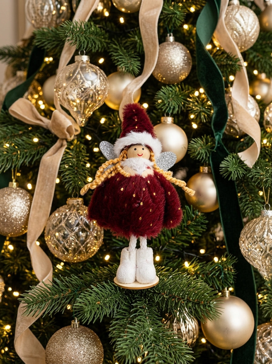 Burgundy Christmas Fairy – Bordo Kürklü Dekoratif Yılbaşı Perisi - 16 CM