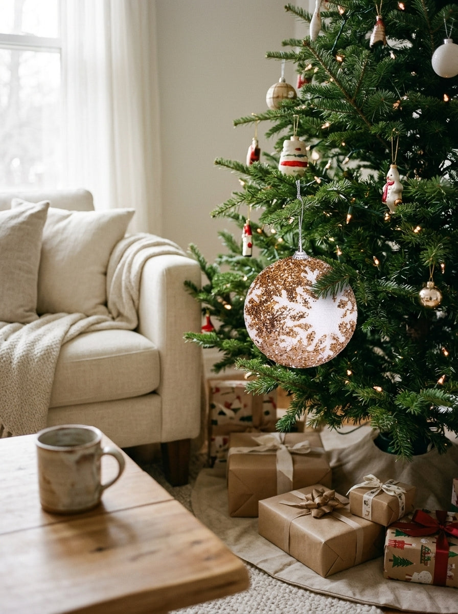Champagne Snowfall – Beyaz Kar Tanesi Desenli Işıltılı Yılbaşı Topu