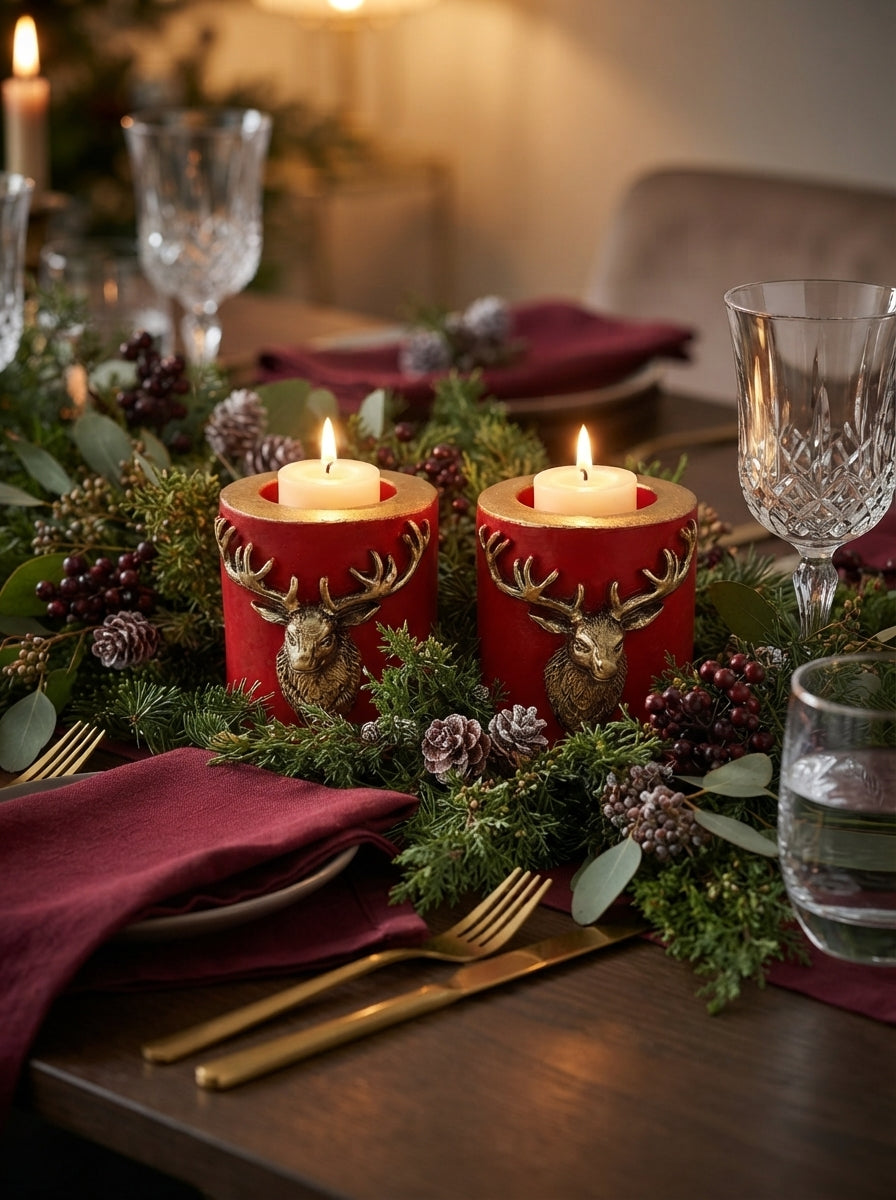 Gold Geyik Detaylı Kırmızı Tealight Mumluk 2’li Set
