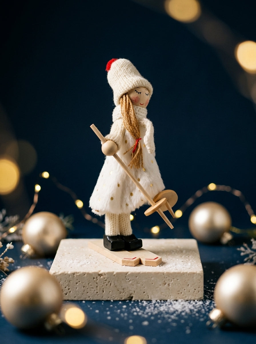 Alpine Snow Fairy – Kayak Yapan Kız Dekoratif Yılbaşı Figürü - 17 CM