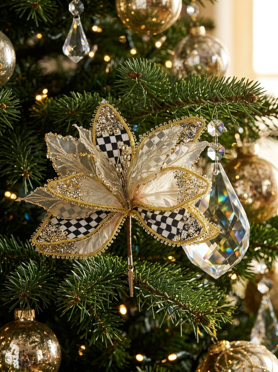 Golden Tartan Poinsettia Klipsli Yılbaşı Ağacı Süsü