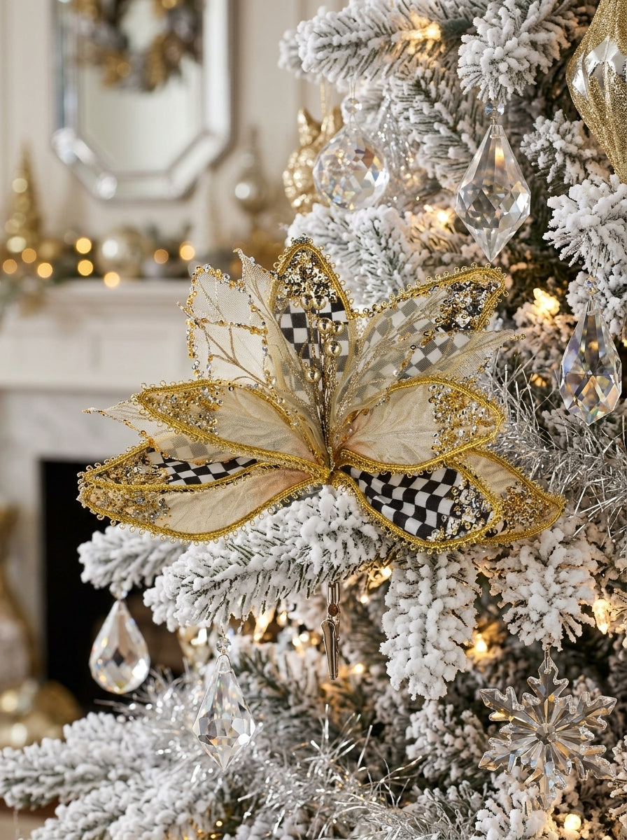Golden Tartan Poinsettia Klipsli Yılbaşı Ağacı Süsü