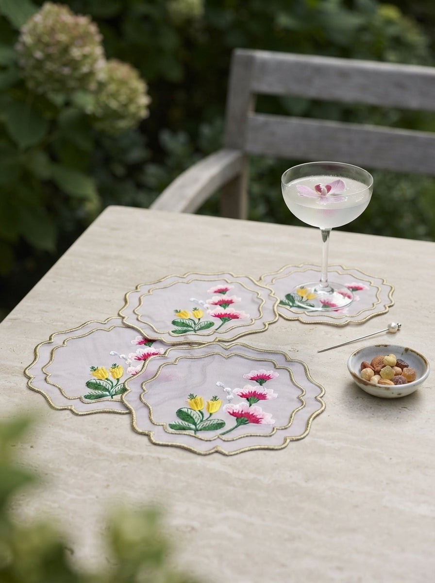 Fleur Embroidered Kokteyl Peçetesi-White