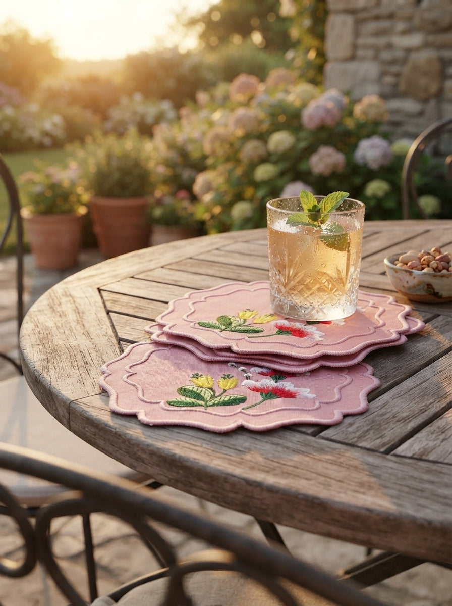 Fleur Embroidered Kokteyl Peçetesi-Pink