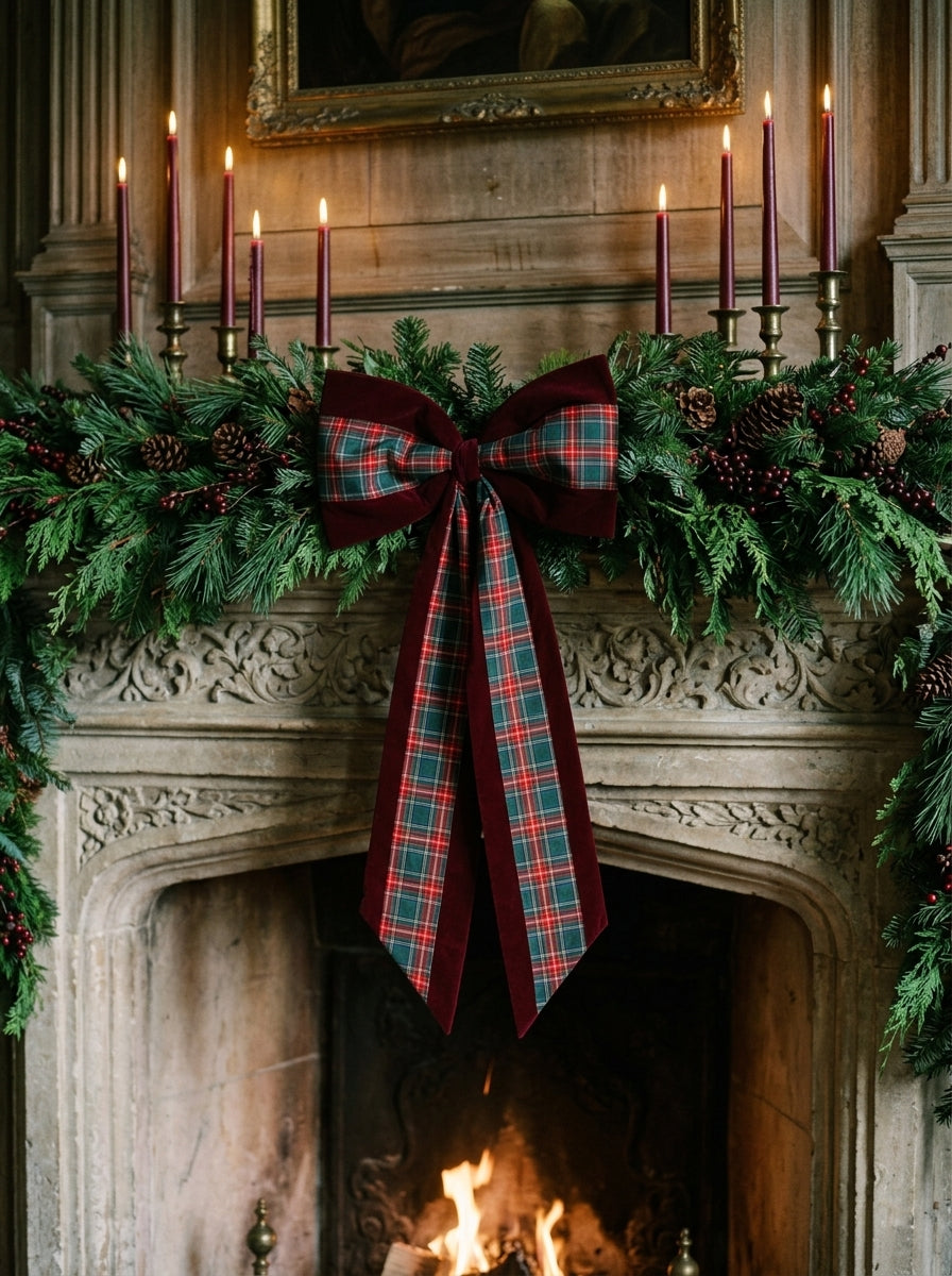 Heritage Christmas – Ekose Detaylı Bordo Kadife Büyük Boy Yılbaşı Fiyongu - 65 CM x 95 CM