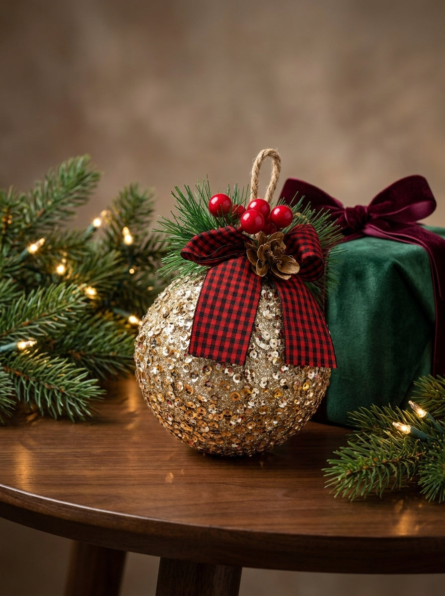 Champagne Glitter Tartan Bow – Ekose Fiyonklu Payetli Yılbaşı Topu