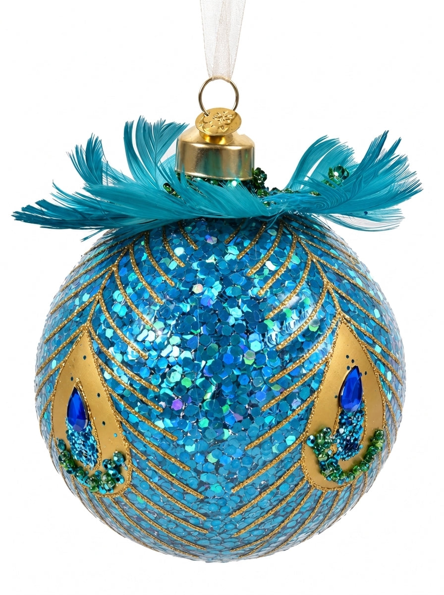 Peacock Royale – Tavus Kuşu Tüylü Gold İşlemeli Cam Yılbaşı Ağacı Topu - 10 CM