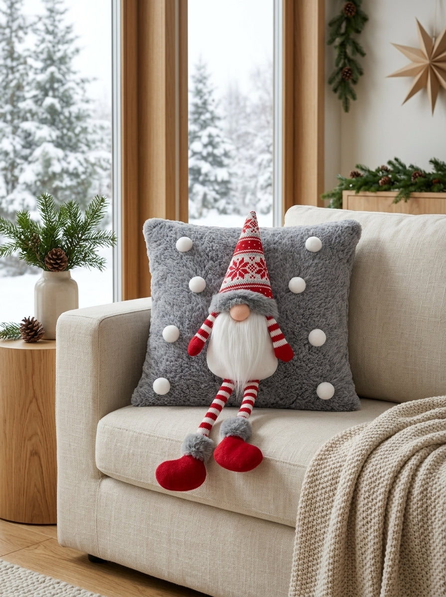 Nordic Gnome – 3D Figürlü Gri Peluş Yılbaşı Dekoratif Yastığı