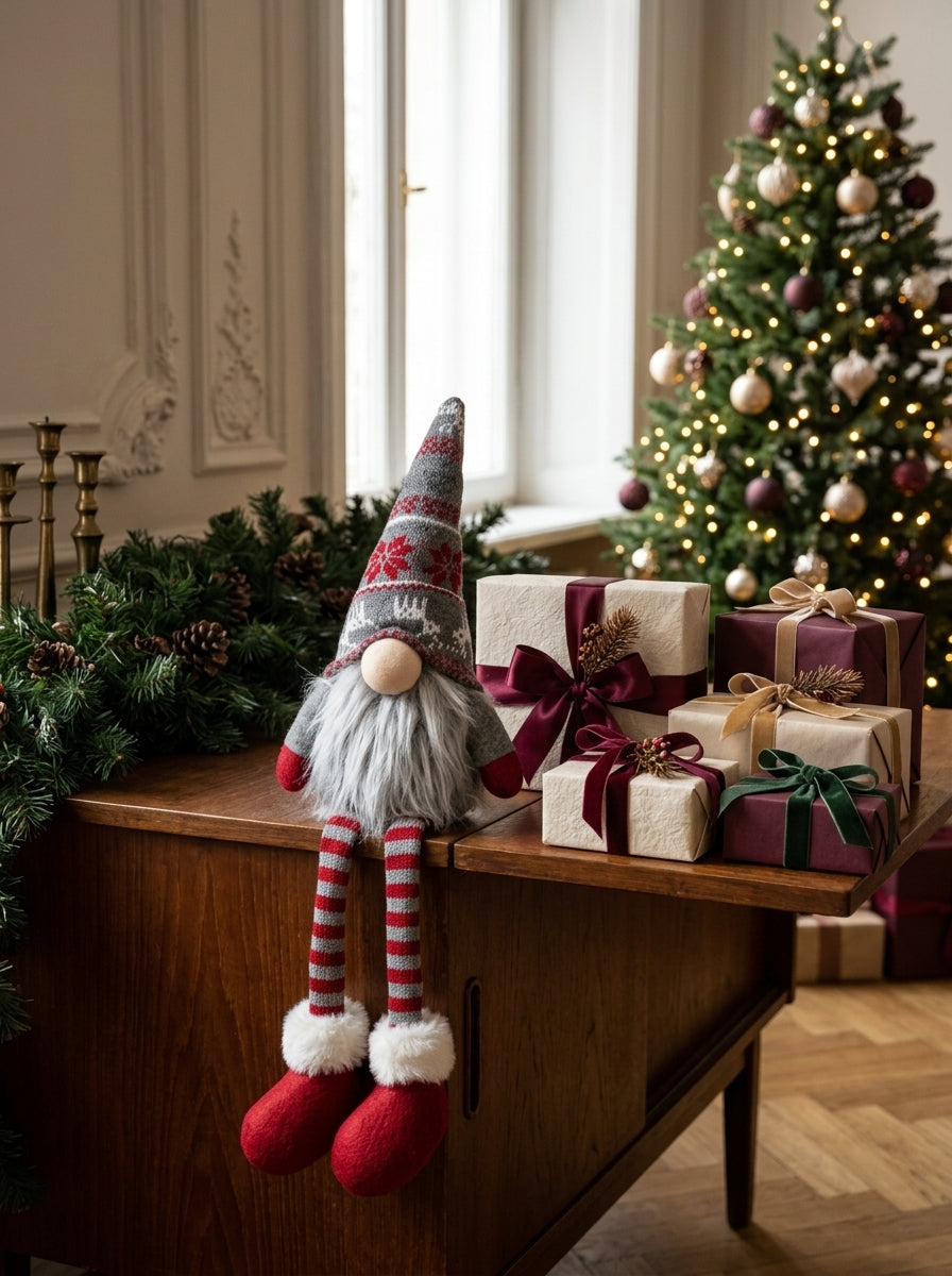 Nordic Gnome Gri Jakar Şapkalı Dekoratif Yılbaşı Cücesi - 35 CM