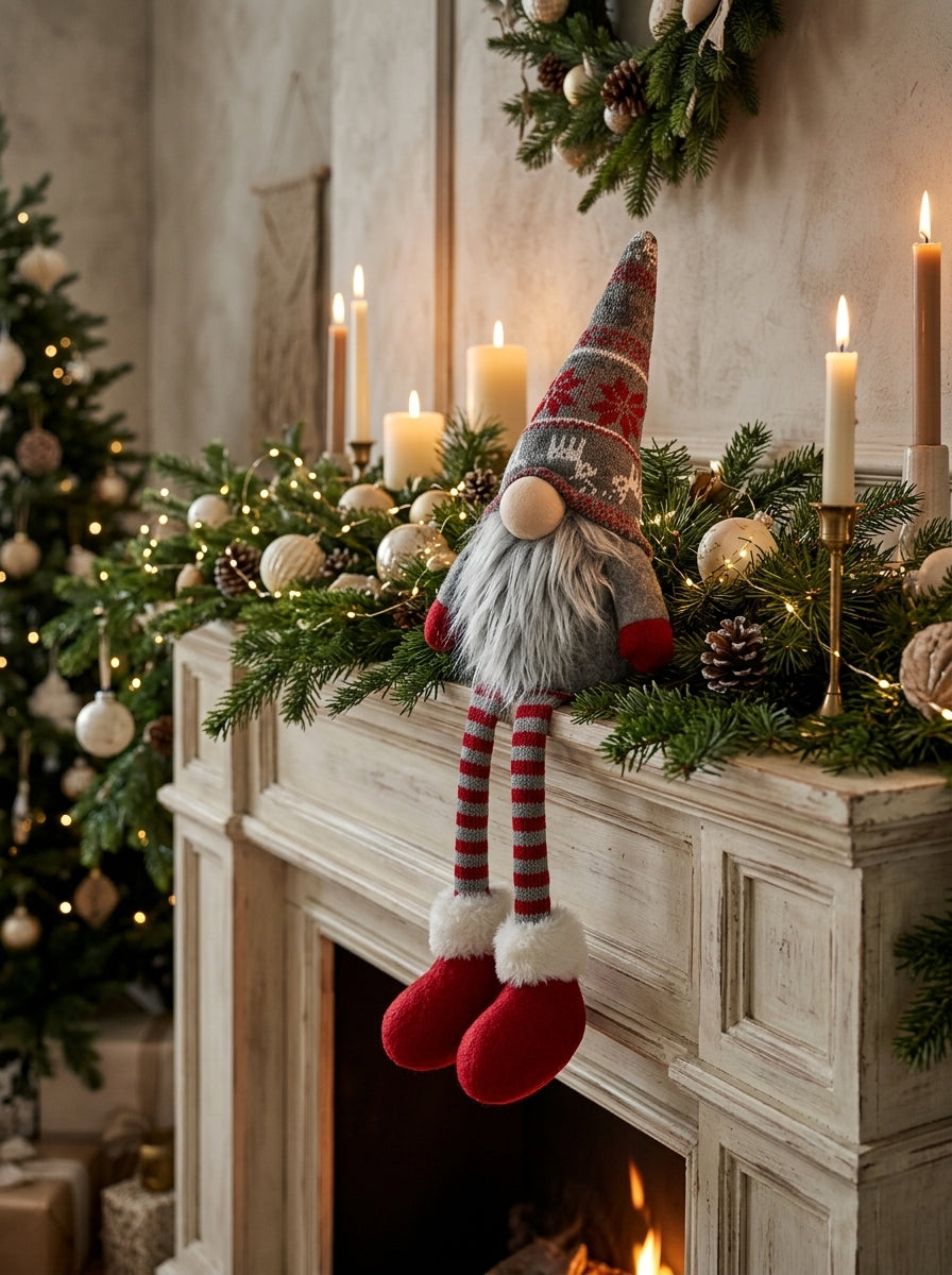 Nordic Gnome Gri Jakar Şapkalı Dekoratif Yılbaşı Cücesi - 35 CM