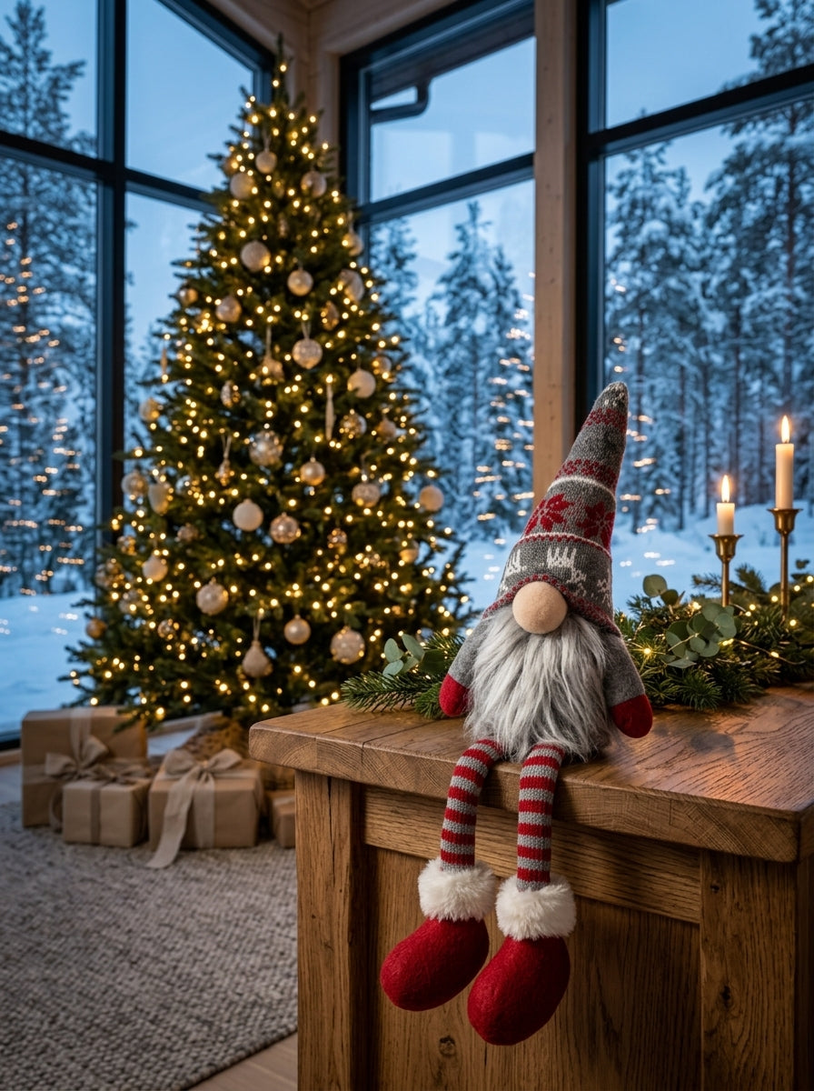 Nordic Gnome Gri Jakar Şapkalı Dekoratif Yılbaşı Cücesi - 35 CM