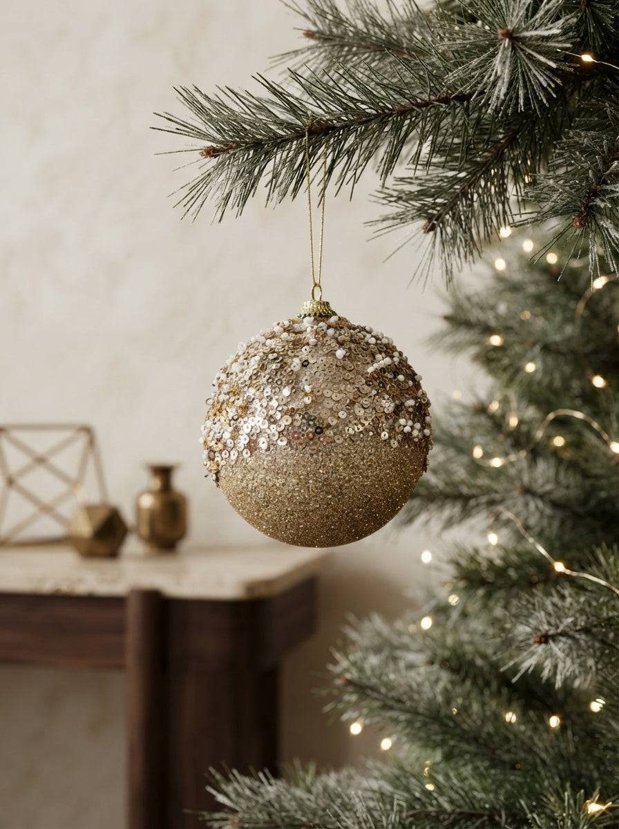 Champagne Pearl Işıltılı Yılbaşı Ağaç Süsü - 10 CM