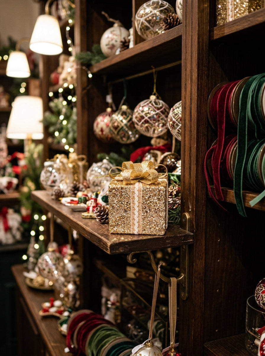 Golden Christmas Gift – Işıltılı Gold Fiyonklu Dekoratif Yılbaşı Hediye Paketi