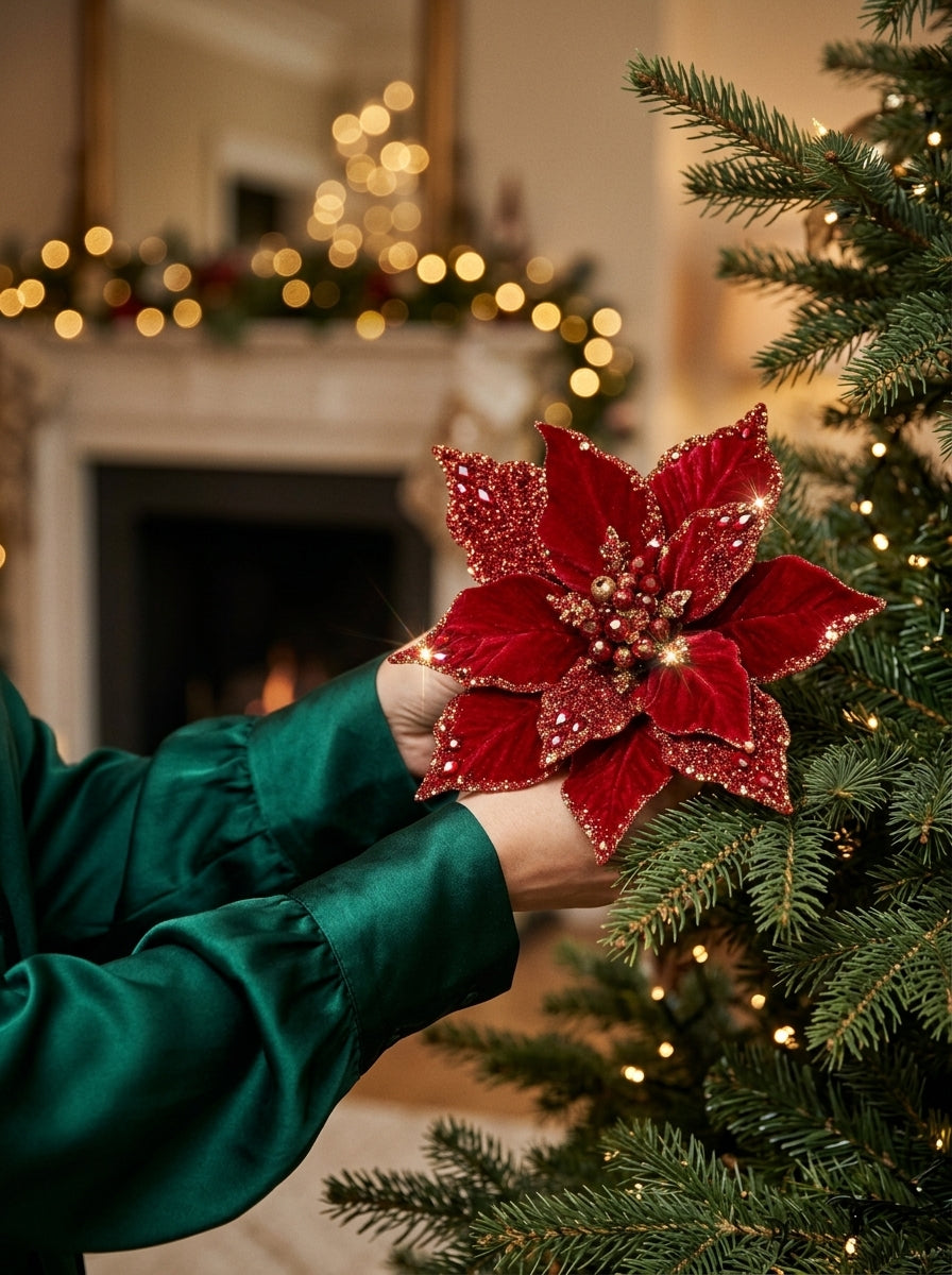 Ruby Crystal Poinsettia Klipsli Yılbaşı Çiçeği