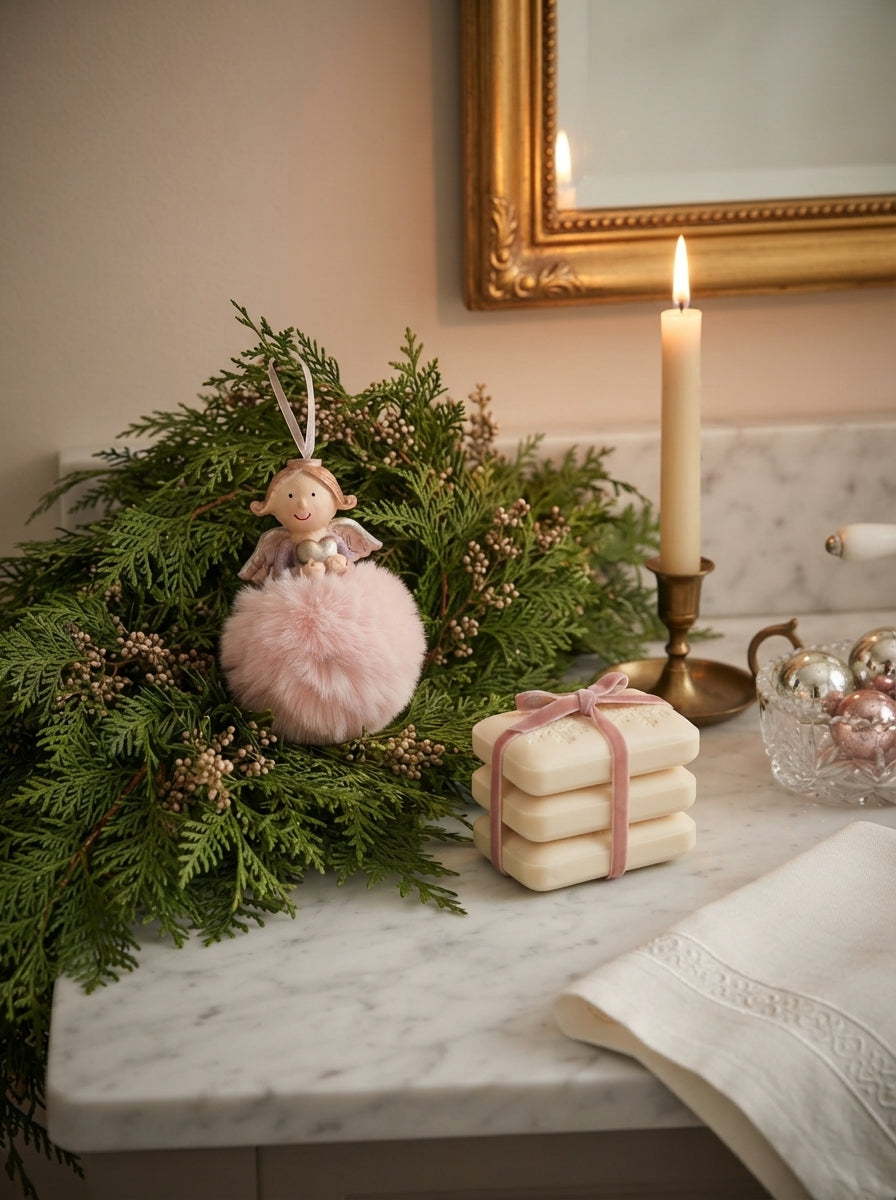 Angel Christmas Tree Ornament with Pink Pom-Poms