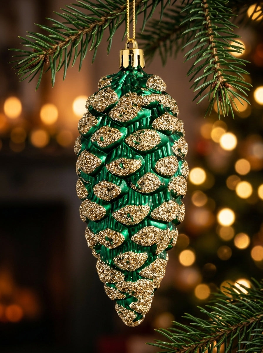 Emerald Pine – Zümrüt Yeşili Gold Işıltılı Kozalak Yılbaşı Ağacı Süsü - 13 CM