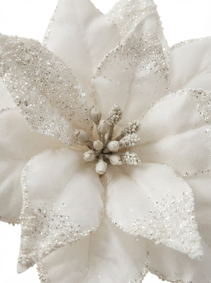 White Frost Poinsettia Klipsli Yılbaşı Ağacı Süsü