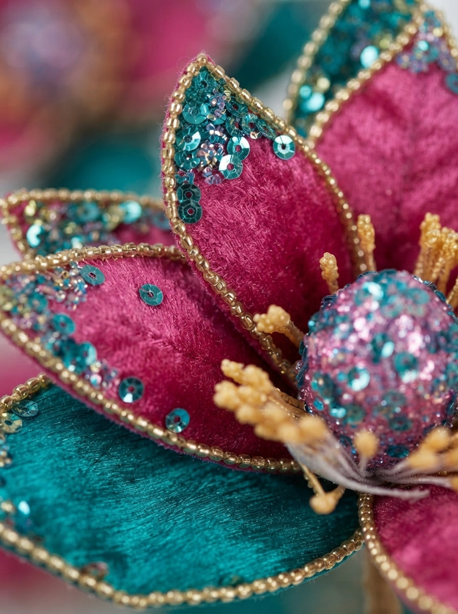 Emerald Pink Poinsettia Klipsli Dekoratif Yılbaşı Çiçeği