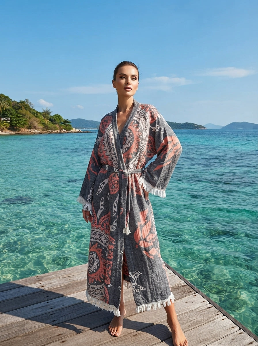 Grey- Orange Mandala Kimono