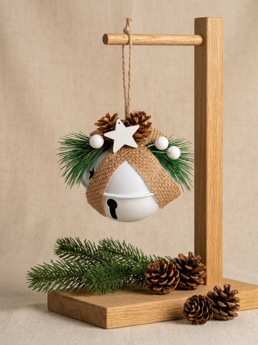 Nordic Christmas Bell – Kozalak ve Yıldız Detaylı Beyaz Yılbaşı Çanı