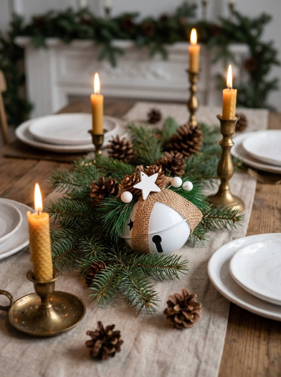 Nordic Christmas Bell – Kozalak ve Yıldız Detaylı Beyaz Yılbaşı Çanı