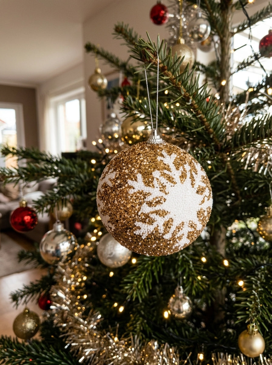 Champagne Snowfall – Beyaz Kar Tanesi Desenli Işıltılı Yılbaşı Topu