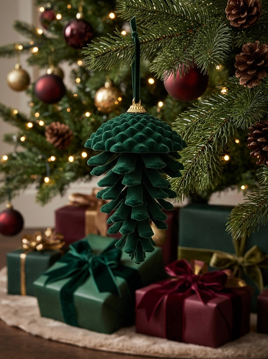 Emerald Forest – Yeşil Kadife Kozalak Yılbaşı Ağacı Süsü - 15 CM